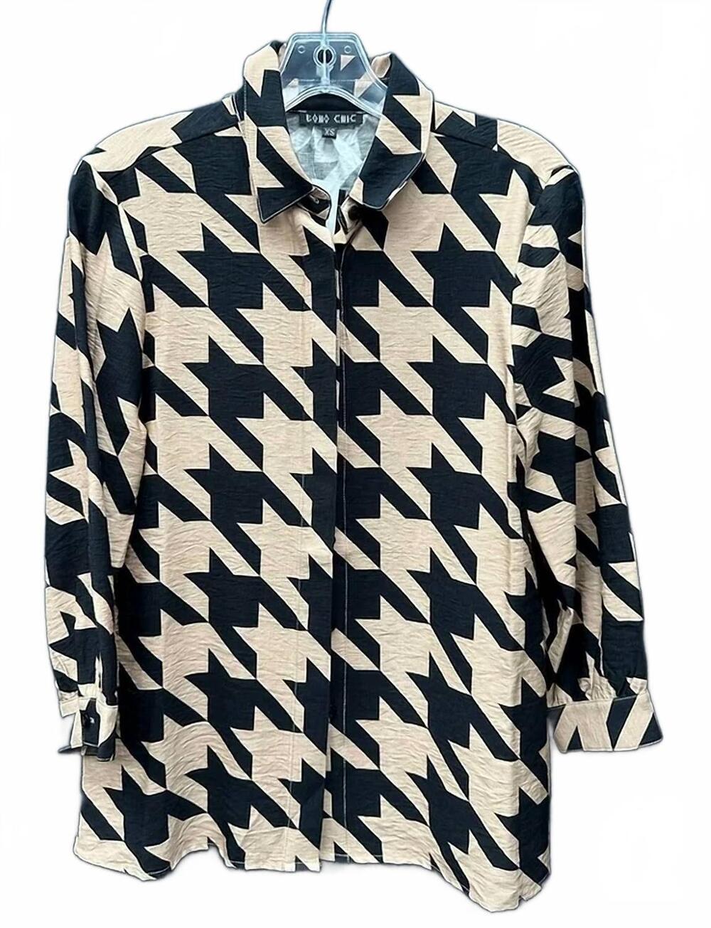 NEW BOHO CHIC women's houndstooth button-down shirt in tan black